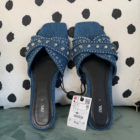 Zara denim stud slide sandals - Size 6.5 - 1603/210 - Picture 3 of 4